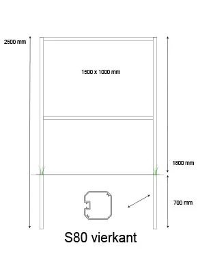 [PROD-S80-6] Console / Reclamebord met S80 staanders t.b.v. eigen plaat van 1500 x 1000